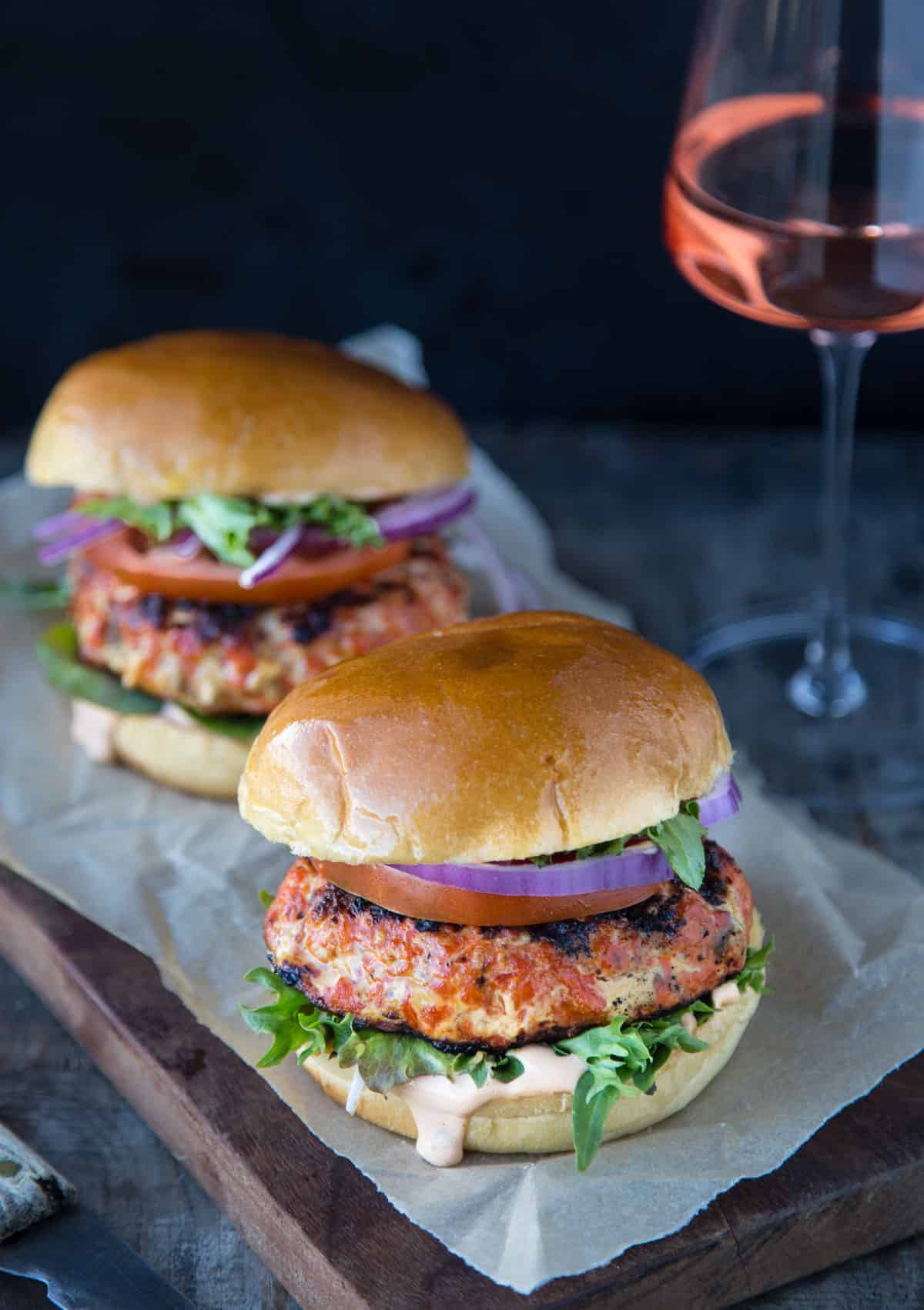 Grilled Salmon Burgers with a glass of wine