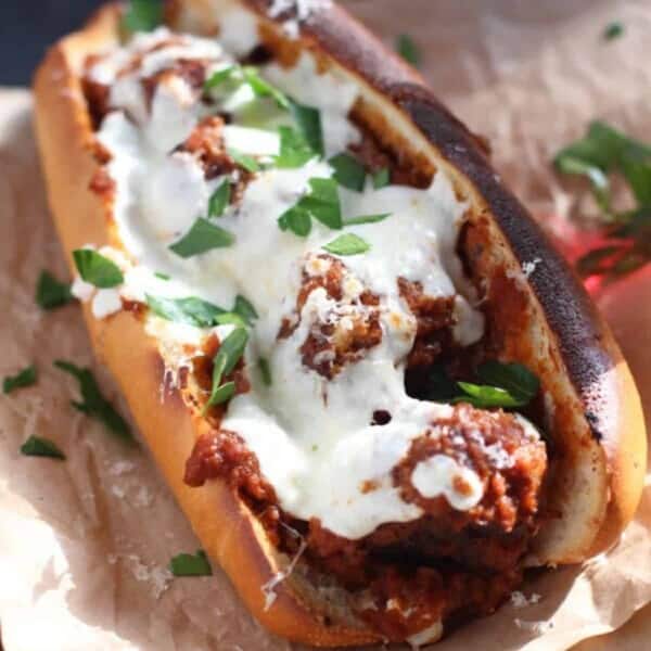 smoked meatball sub sandwich topped with mozzarella