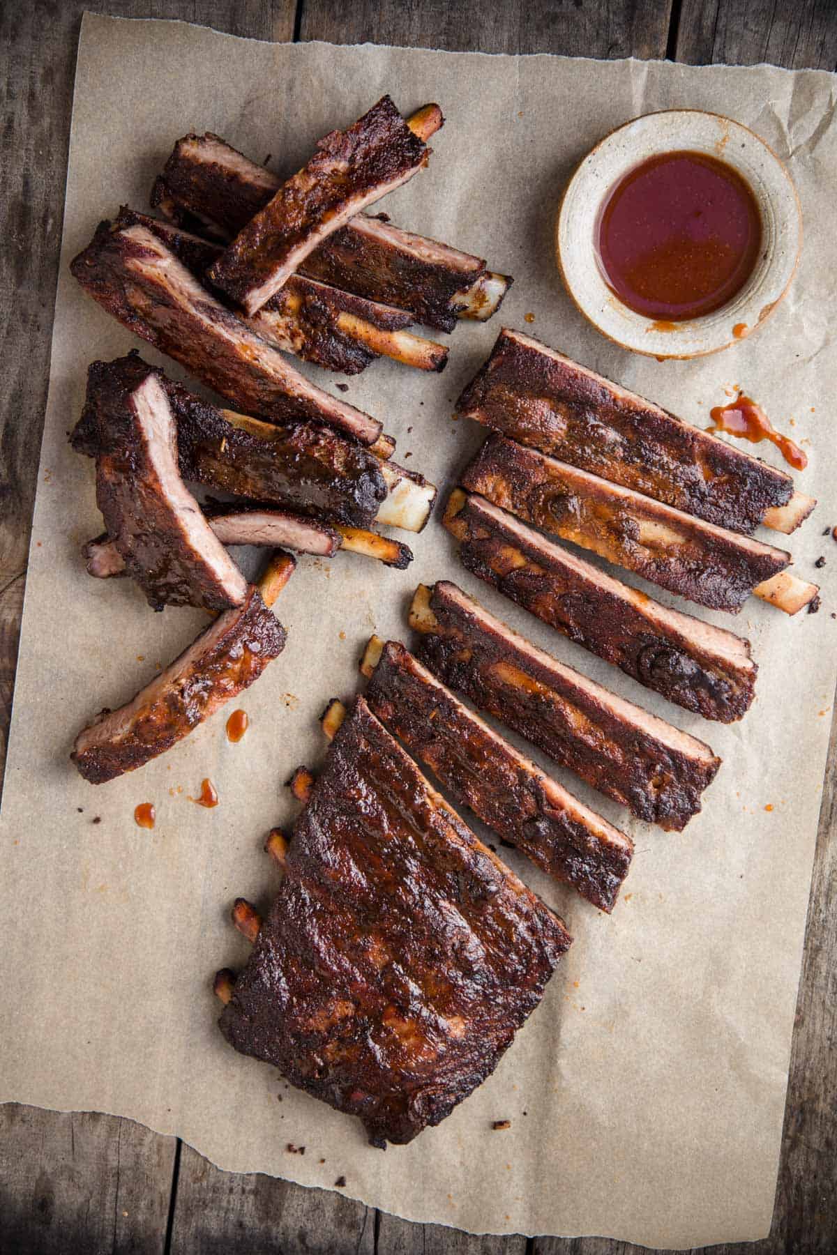 Smoked Spare Ribs cooked Memphis style and served with a side of sauce