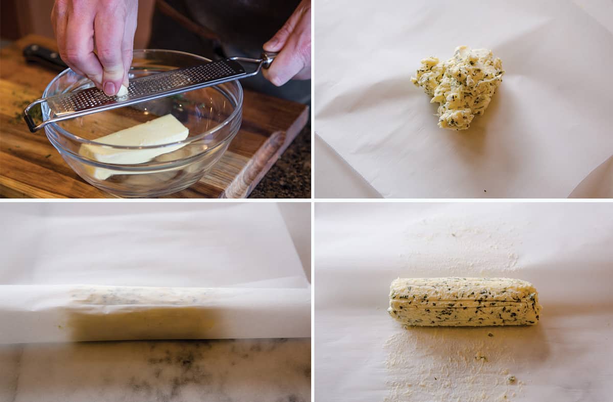 A four photo collage illustrating how to make a compound butter.