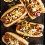 4 Chili Dogs on a sheet pan