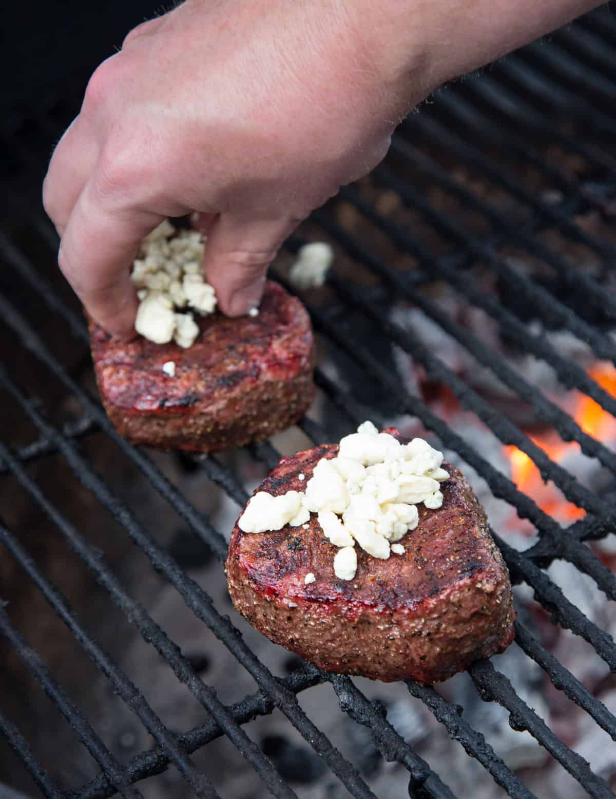 Grilling a Filet Mignon on the Grill and topping it with blue cheese