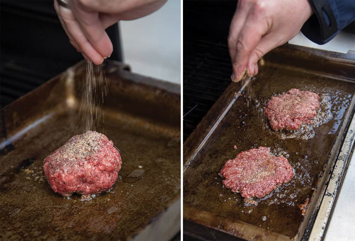 Seasoning burgers on the grill