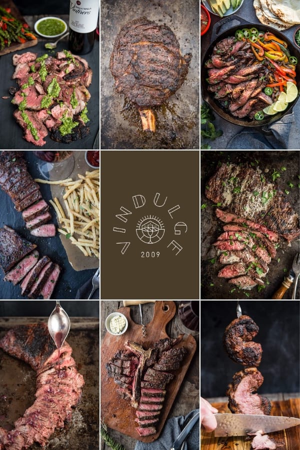 A collage of grilled steak recipes with the vindulge crest in the middle