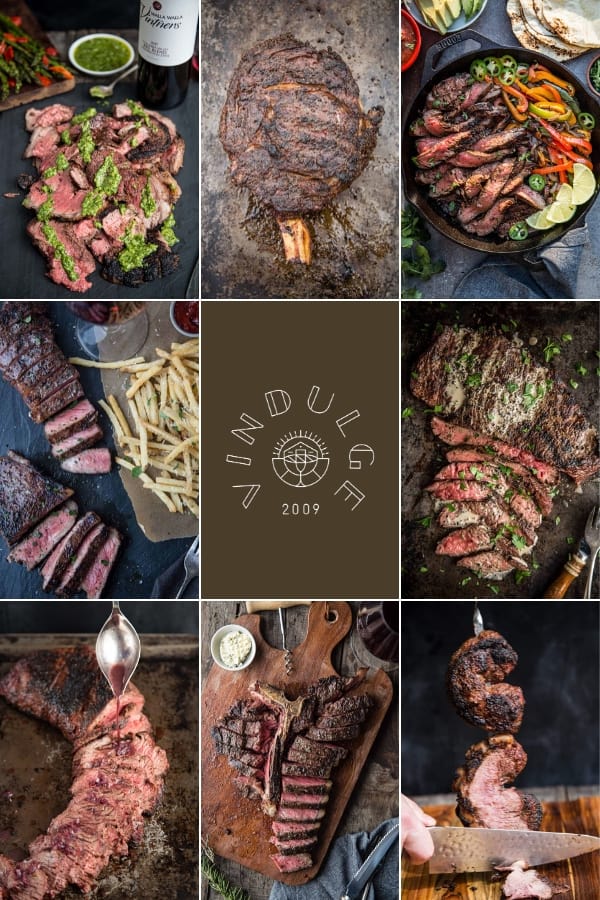 A collage of grilled steak recipes with the vindulge crest in the middle