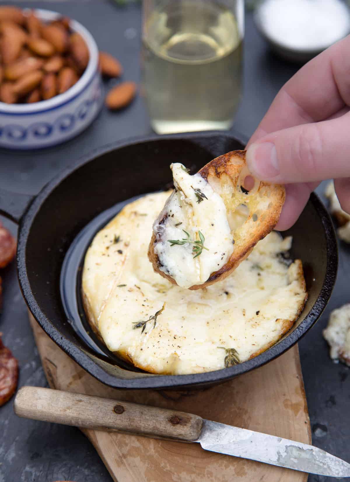 Baked Brie dip with crostini.