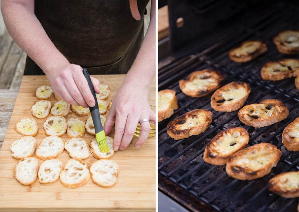 Instructions on how to toast baguette slices on the grill