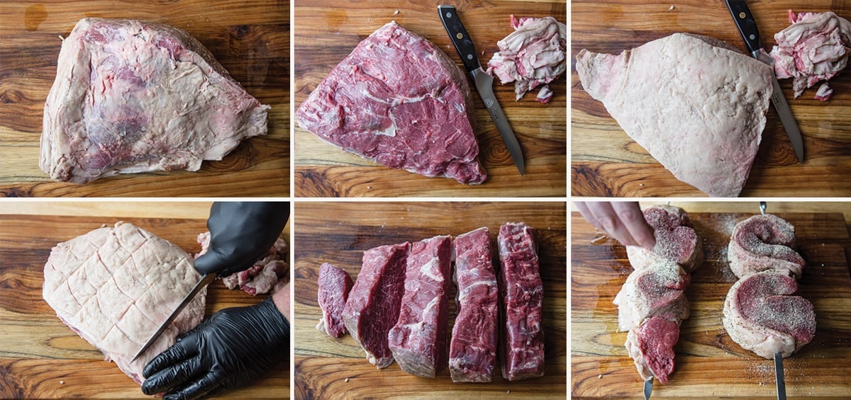 a gallery of photos showing how to trum, score, cut and skewer a picanha steak