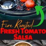 Fire Roasted Tomatoes, onions and peppers on a grill and text overlay for pinterest