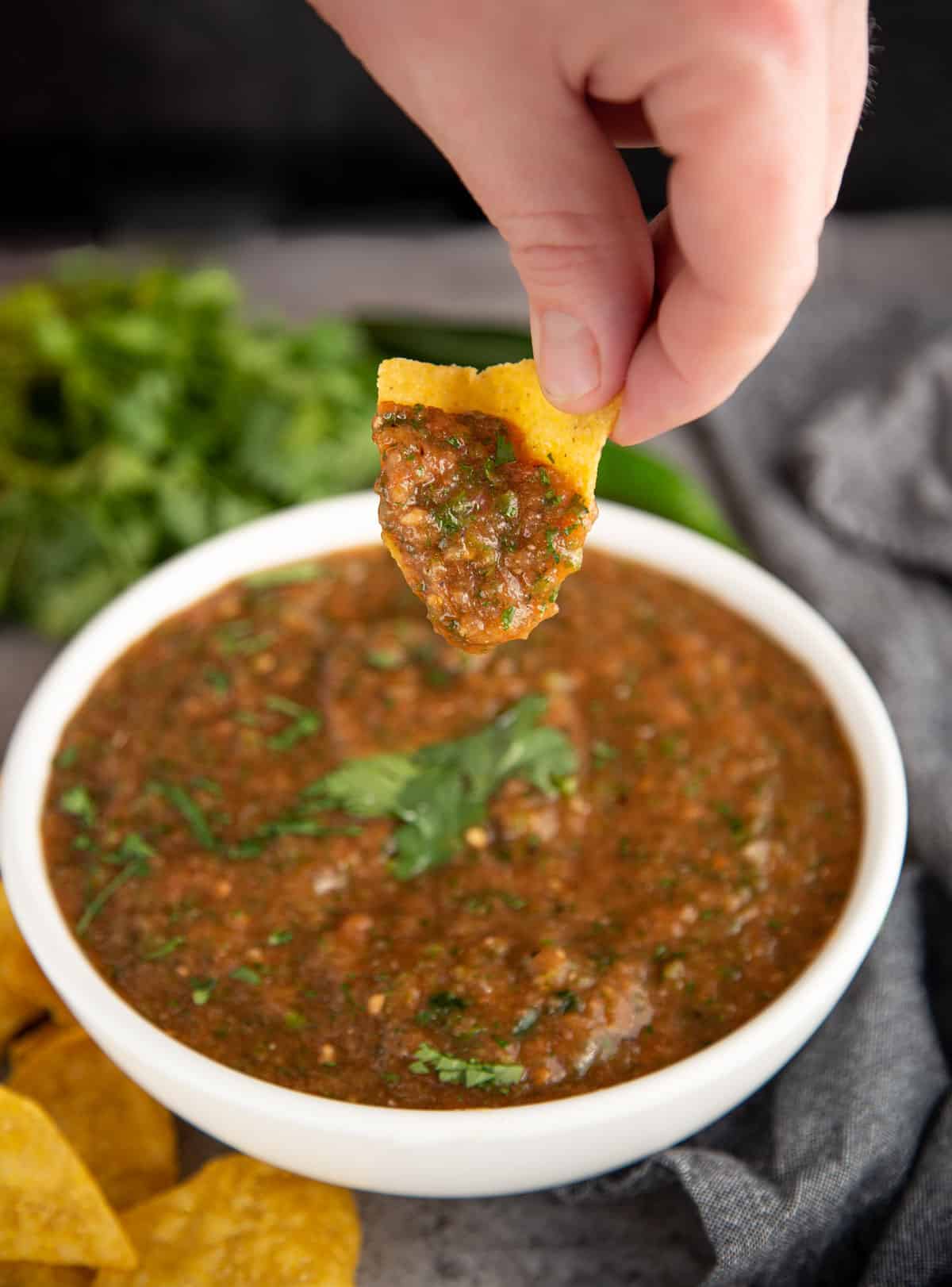 Fire roasted salsa with chip dip.