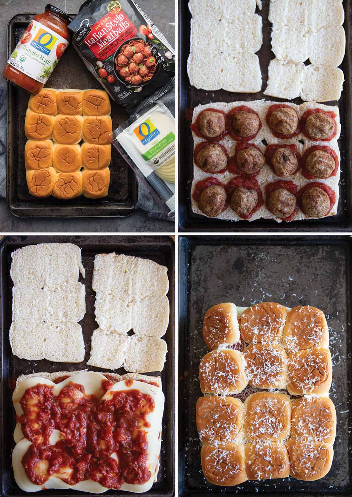 A step by step photo collage showing how to prepare meatball sliders