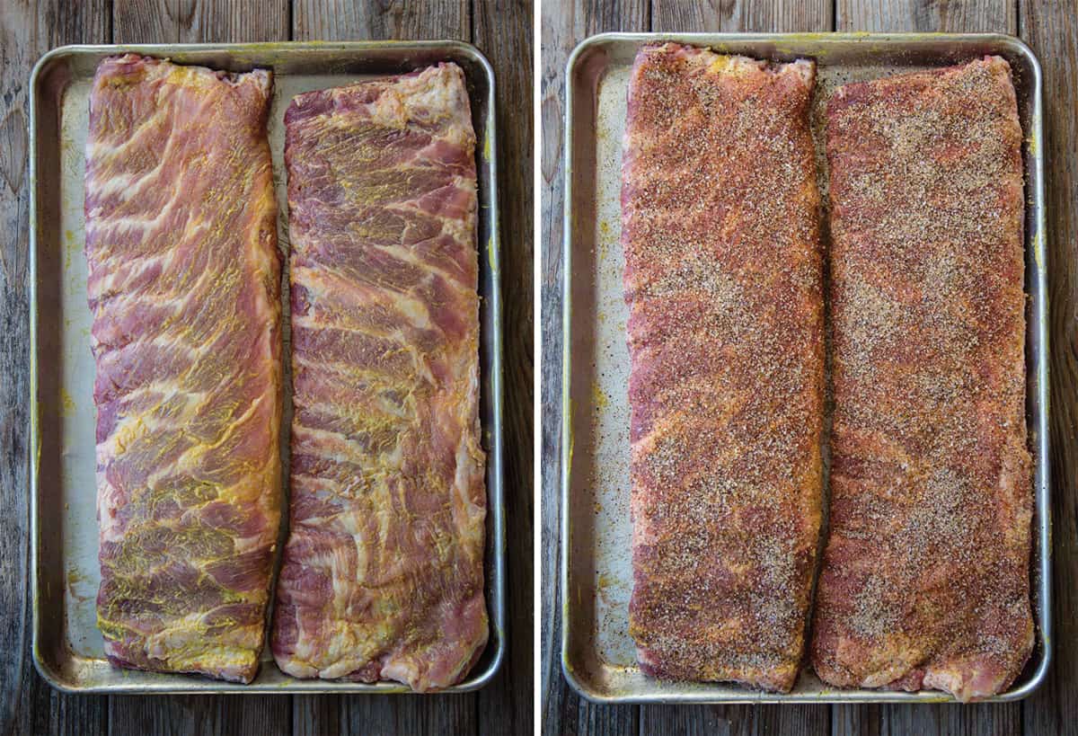 Seasoning 2 Racks of Ribs with Mustard and Dry Rub