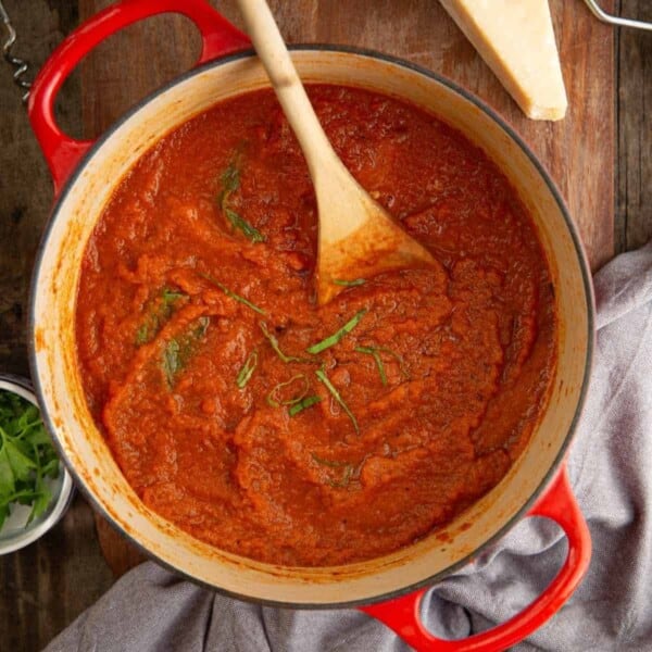 Smoked tomato marinara sauce in Lodge Dutch Oven.