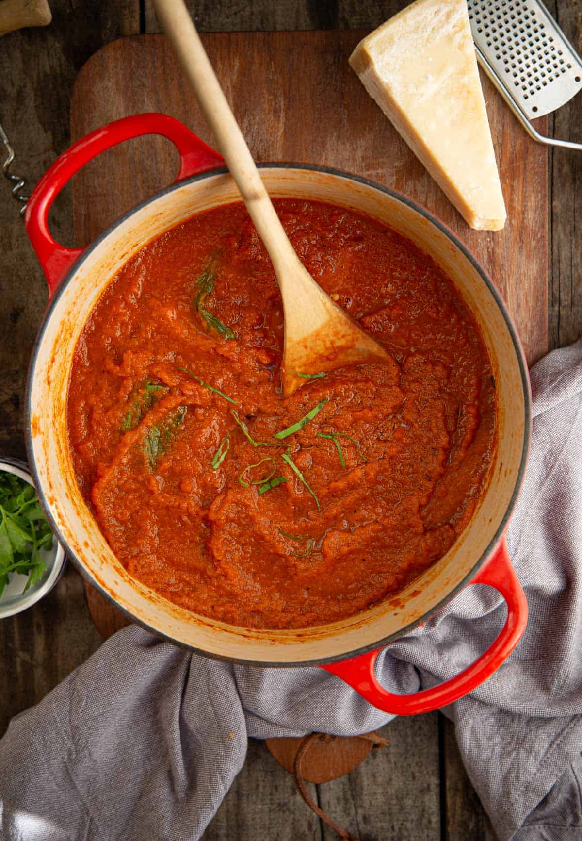 A pot full of smoked tomato marinara sauce