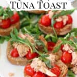 Tuna and Tomatoes on Toast topped with arugula pin image with text