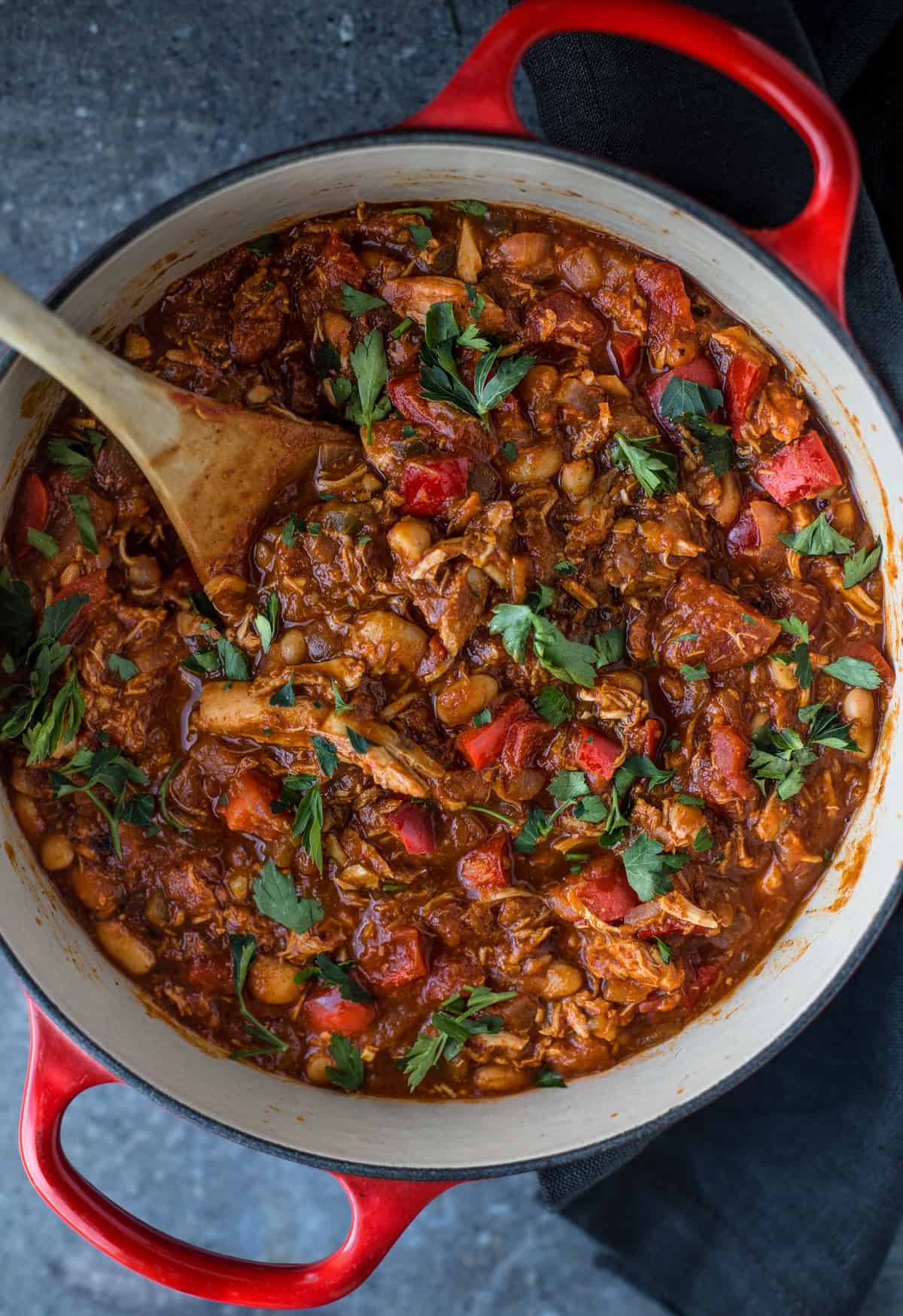 A pot full of smoked chicken chili