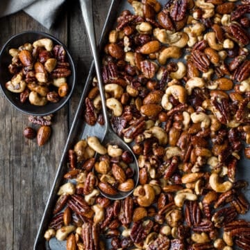 A sheet pan full of Smoked Candied Nuts