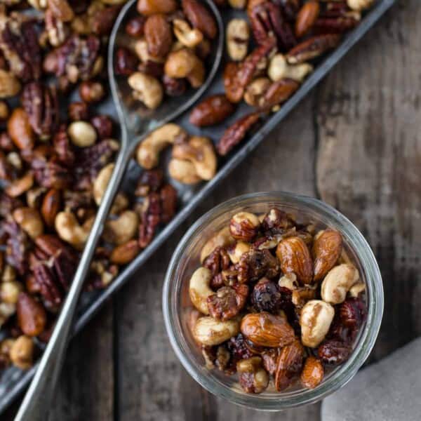 Smoked Candied Nuts in a tray and mason jar.