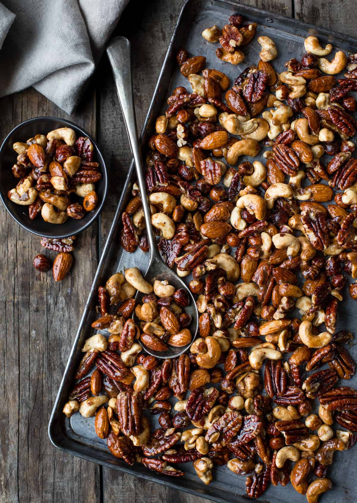 A sheet tray full of smoked candied nuts