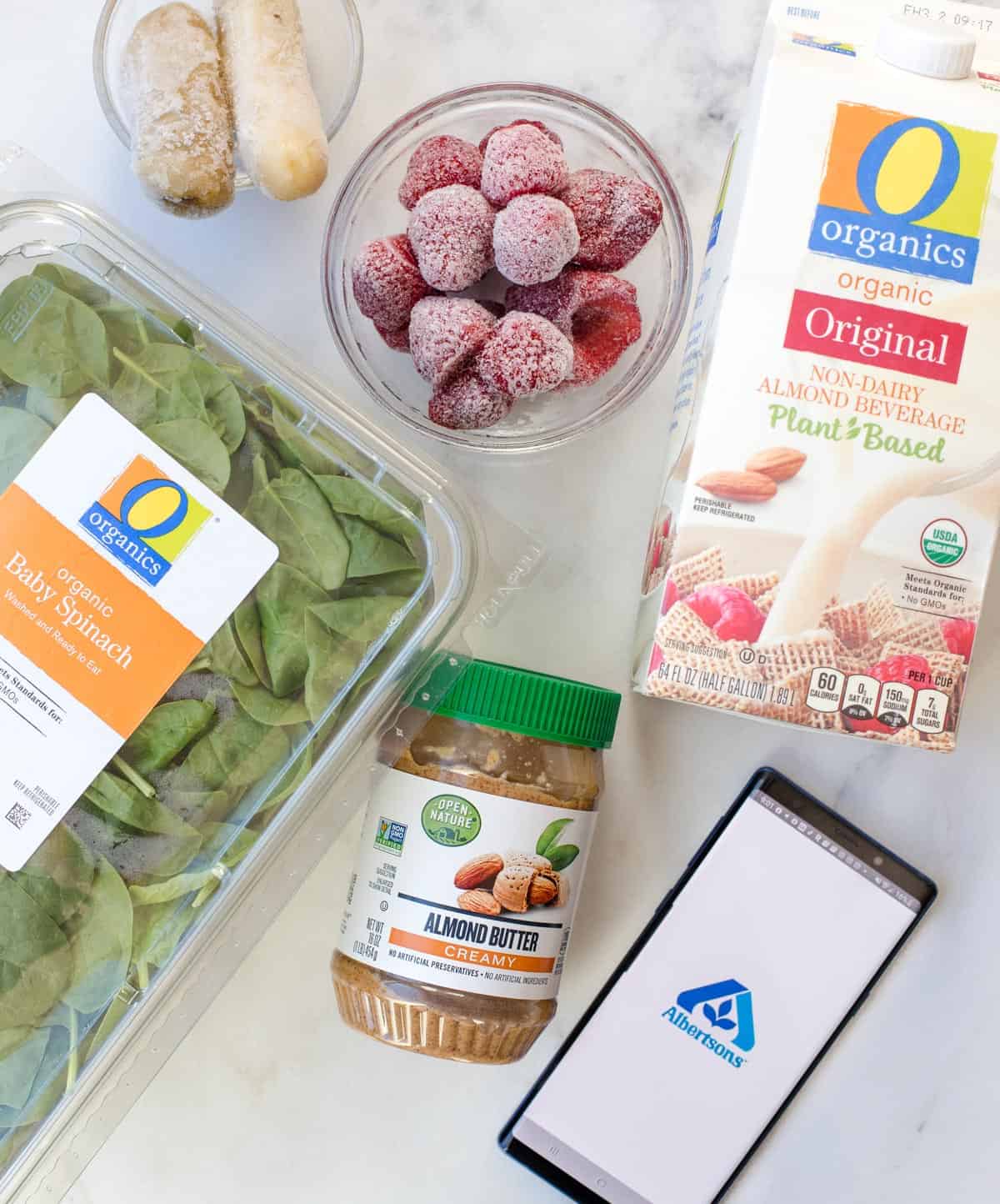 O Organics products used to make a smoothie, on a white platter 