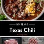 Texas Chili Recipe Pinterest Pin text on dark background