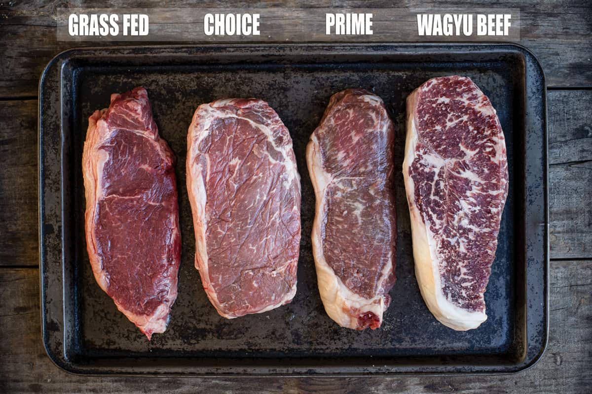 Gradient photo of grass fed (left), then Choice, then Prime, then Wagyu NY Strips.