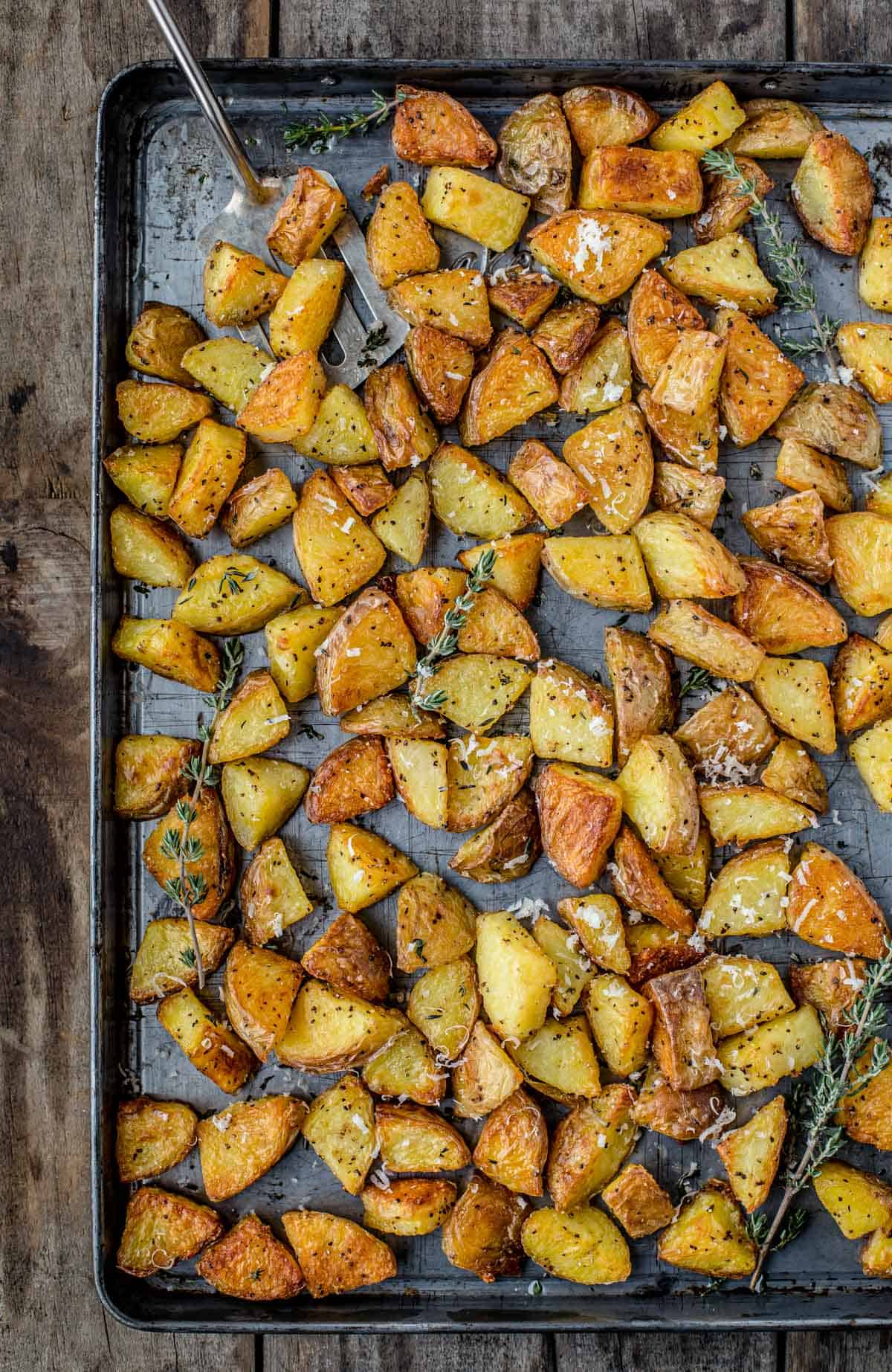 duck fat potatoes on a sheet pan