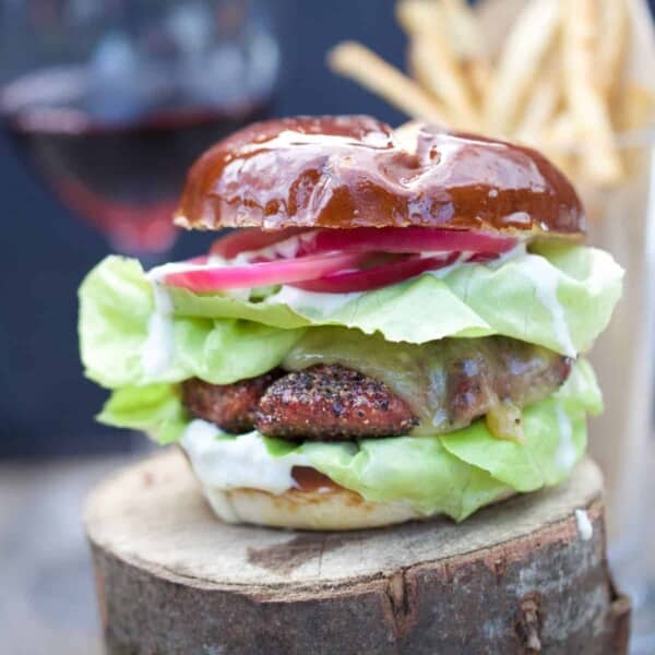 lamb burger on a stump