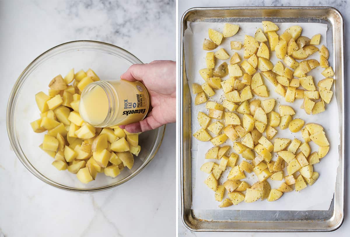 Tossing potatoes with duck fat