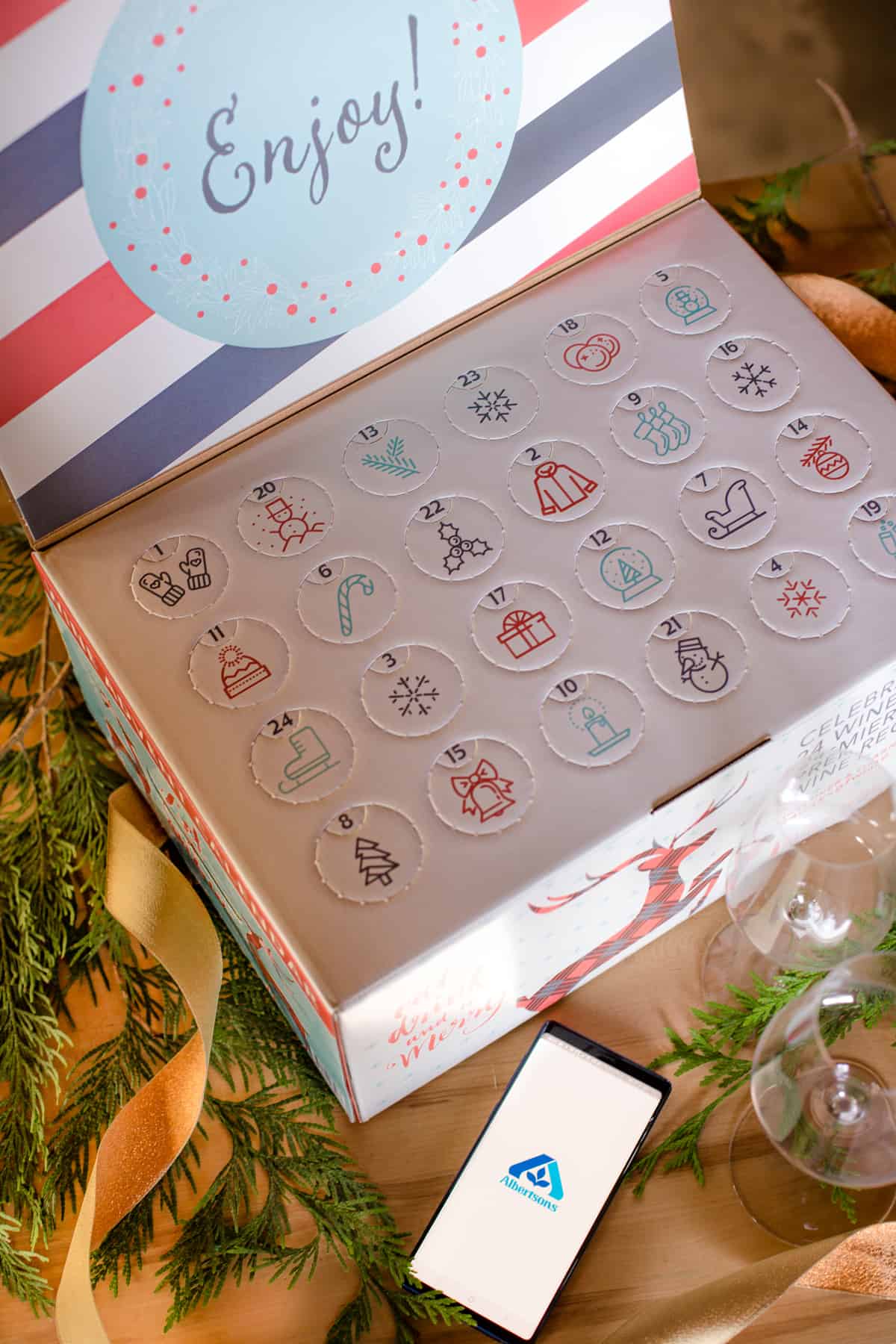 A box filled with a wine advent calendar from Albertsons