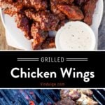 Grilled Chicken Wings Pinterest Pin with text on Dark background