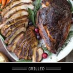 Grilled Turkey Breast Pinterest Pin with text on dark background