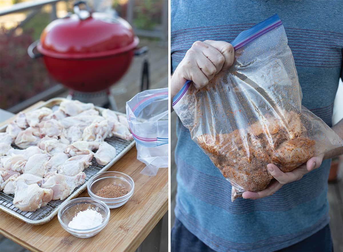 Two photos showing how to prepare chicken wings for the grill