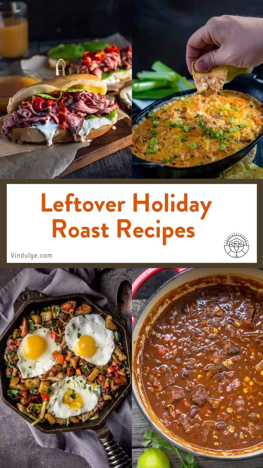 A photo collage with images of uses for leftover holiday roasts such as leftover turkey or prime rib