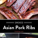 Smoked Asian Pork Ribs Pinterest Pin text on dark background