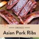 Smoked Asian Pork Ribs Pinterest Pin text on light background