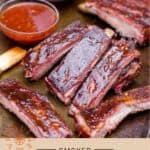 Smoked Asian Pork Ribs Pinterest Pin text on light background