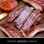 Smoked Asian Pork Ribs Pinterest Pin text on dark background