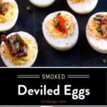 Smoked Deviled Eggs Pinterest Pin with text on dark background