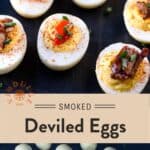 Smoked Deviled Eggs Pinterest Pin with text on light background