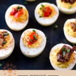 Smoked Deviled Eggs Pinterest Pin with text on light background