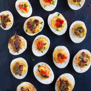 smoked deviled eggs on a platter.