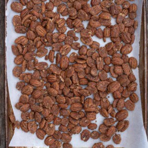Candied pecans on a sheet pan