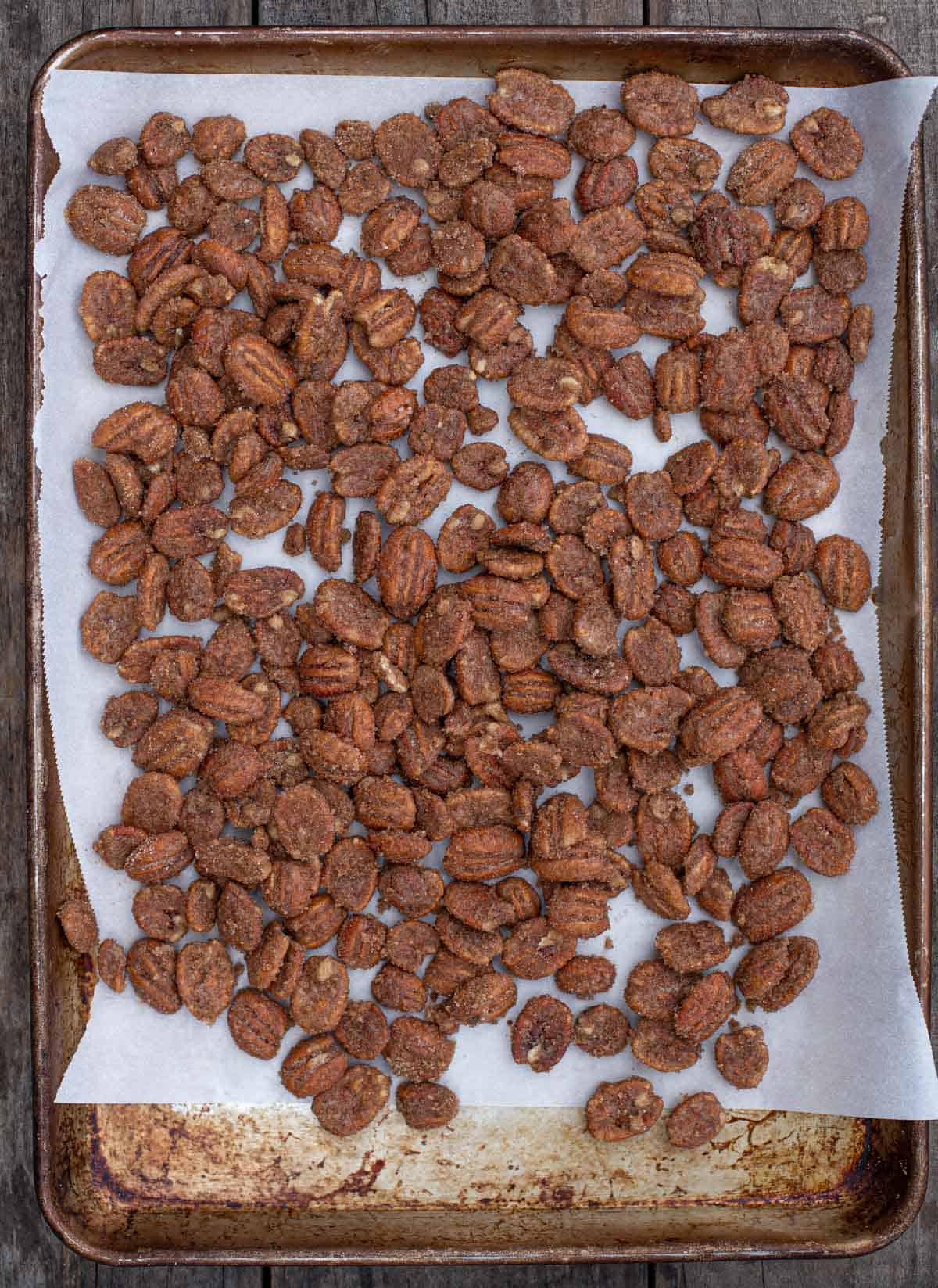 Candied pecans on a sheet pan
