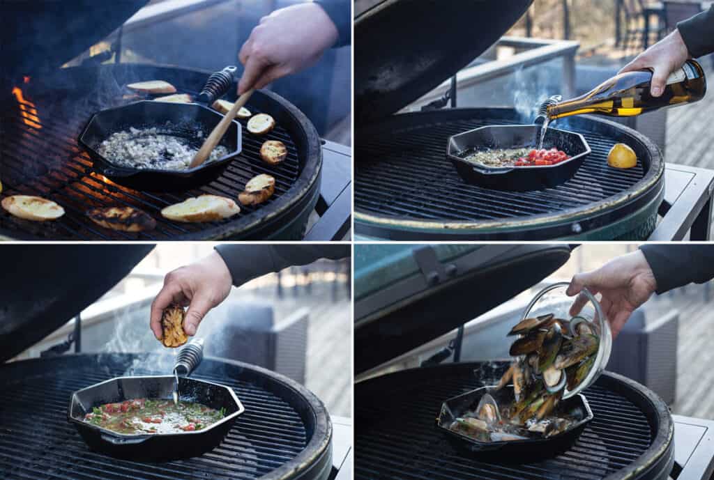 Step by step photos of mussels being cooked on a grill.