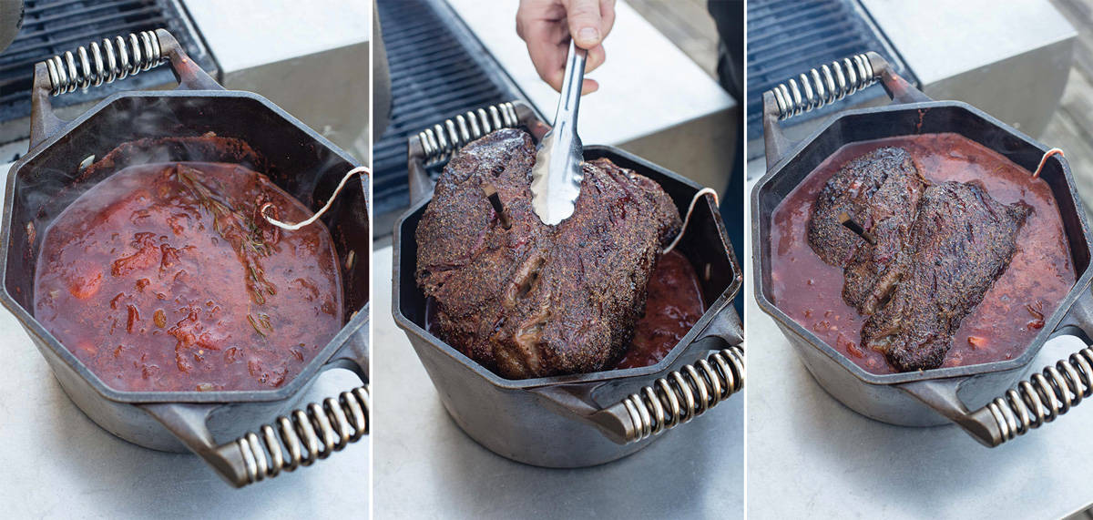 A three photo collage showing how to place a chuck roast into a stew to braise