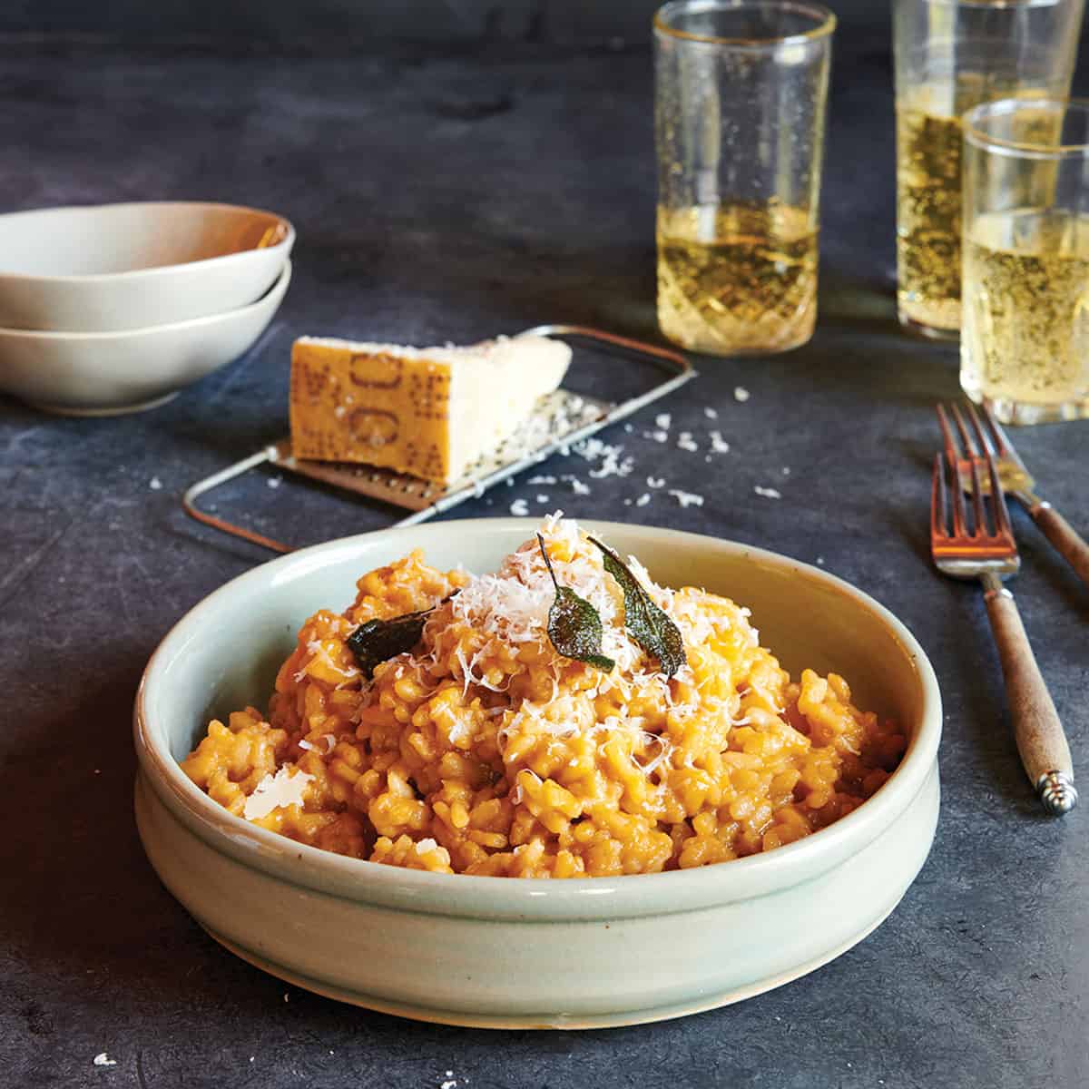 A bowl of Smoked Pumpkin Risotto from Fire and Wine Cookbook