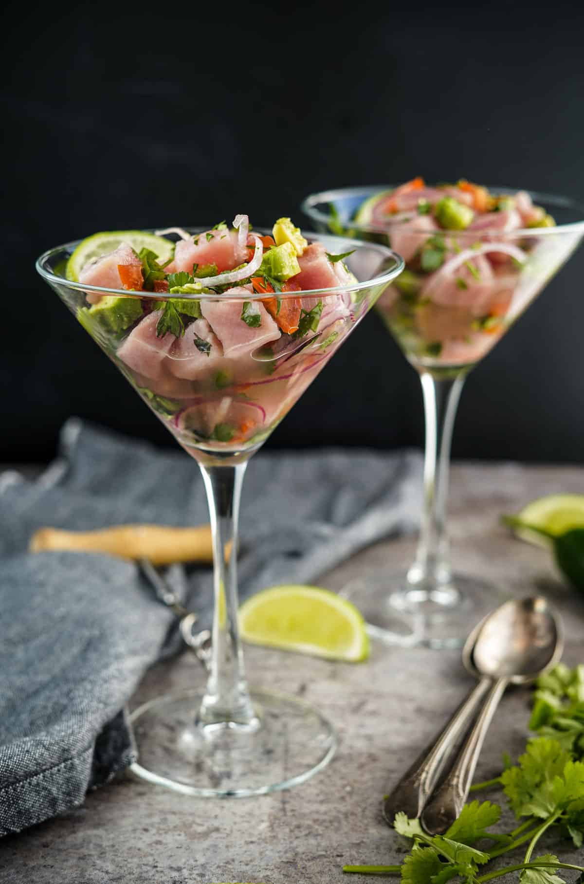 Two glasses filled with fresh Ahi Tuna Ceviche