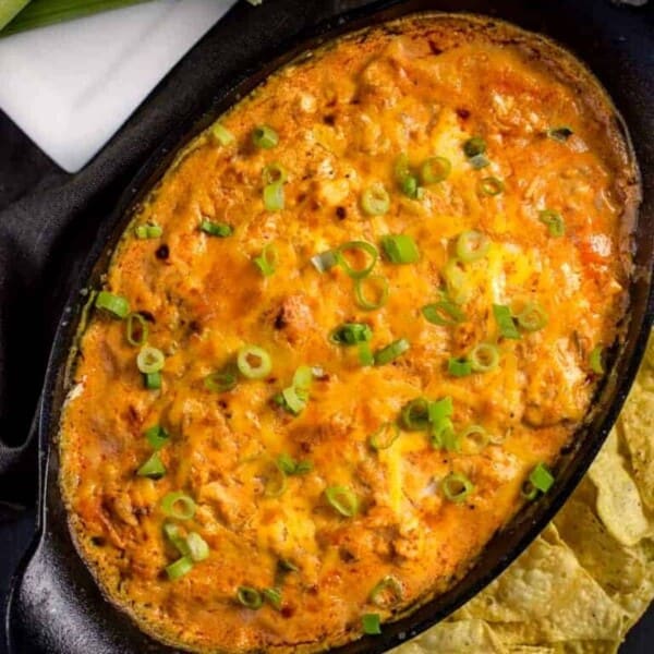 Bufallo chicken dip in cast iron.