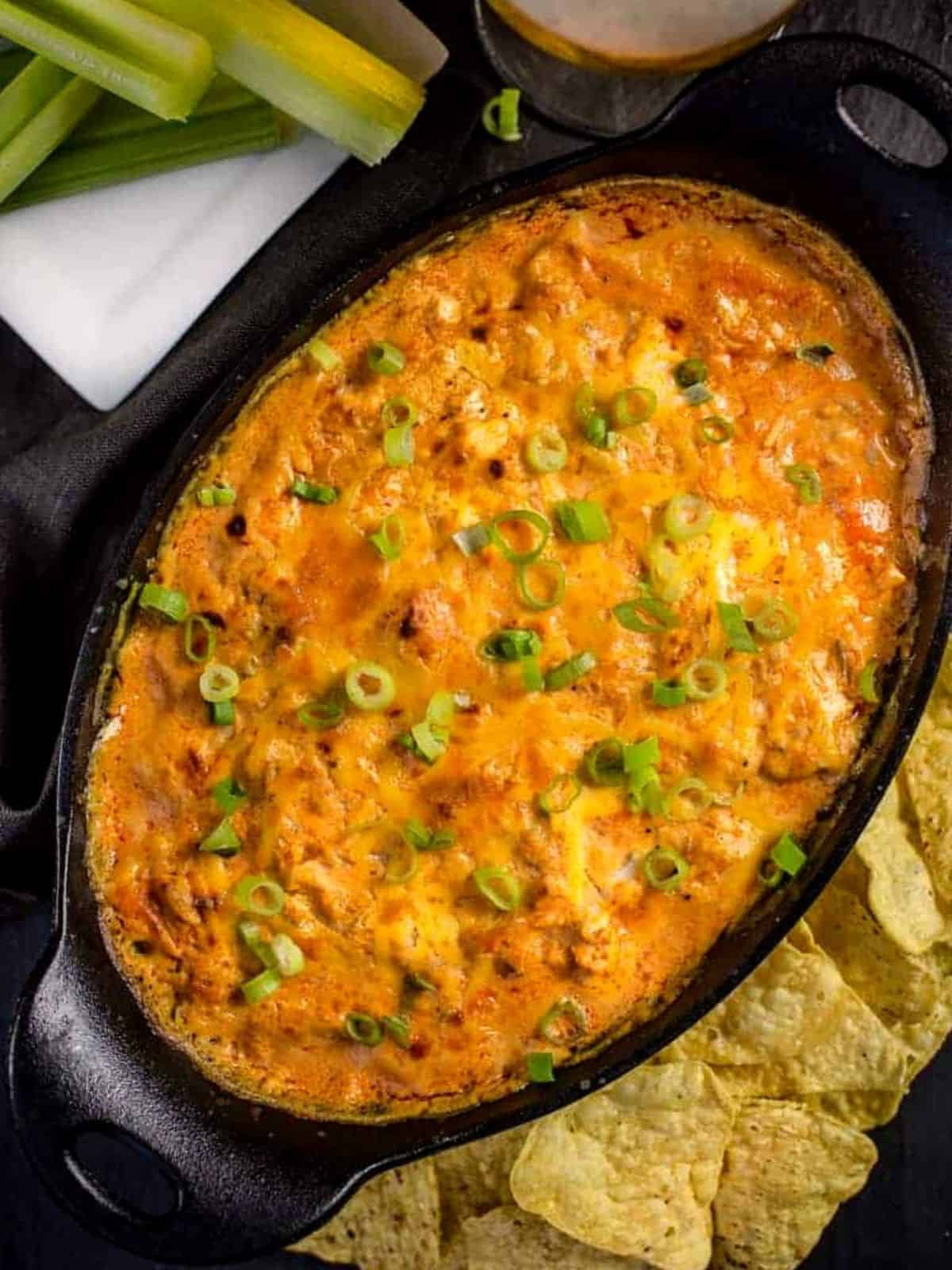 Bufallo chicken dip in cast iron.